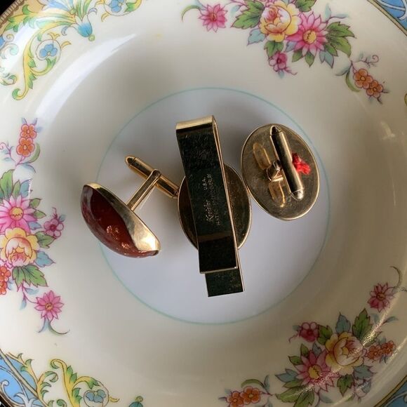 Vintage Kreisler 14KT Tie Clip n Cufflinks Gold-fleck Brown cabochon, Stamped - Picture 2 of 3